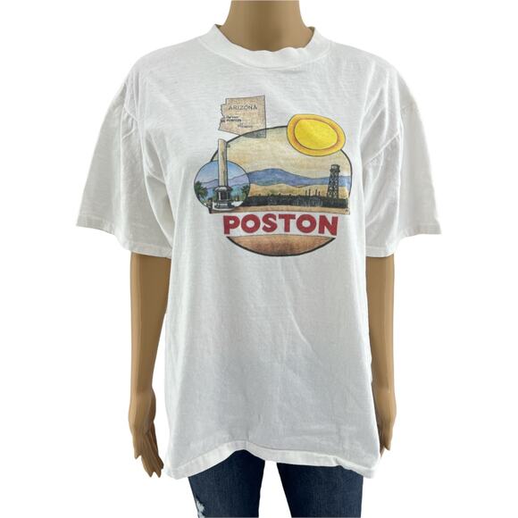 Vintage Tops - American VINTAGE 90s (L) Poston Arizona White Single Stitch Cotton Tee Shirt